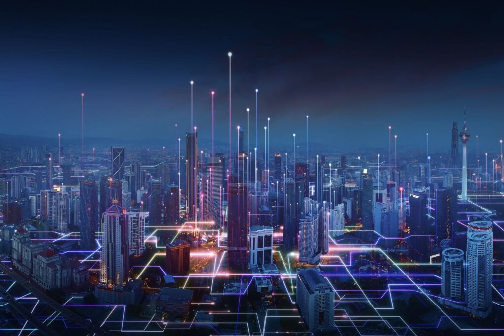 Futuristic cityscape with glowing digital network connections